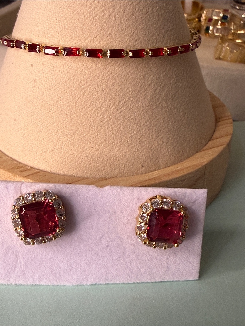 Gold-Set Red Crystal Tennis Bracelet & Stud Earrings